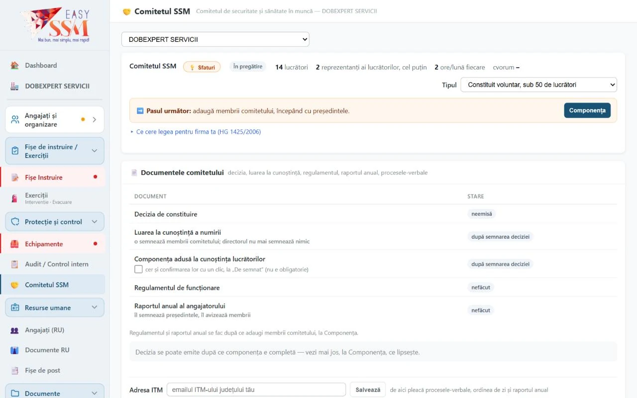 EasySSM – Comitetul SSM: Componența, decizia și documentele comitetului, pas cu pas, după HG 1425/2006.