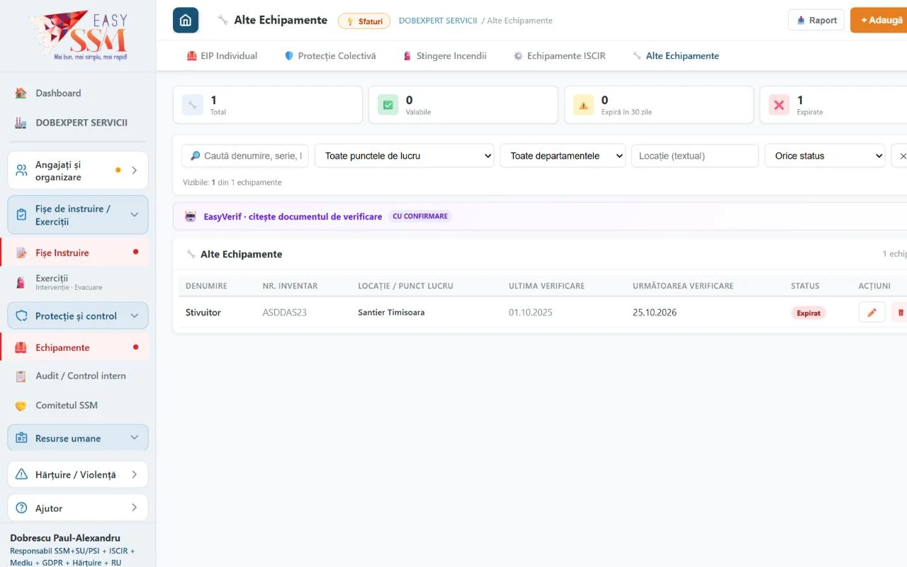EasySSM – Echipamente: Verificările echipamentelor, cu termenul următor și alertă înainte de expirare.