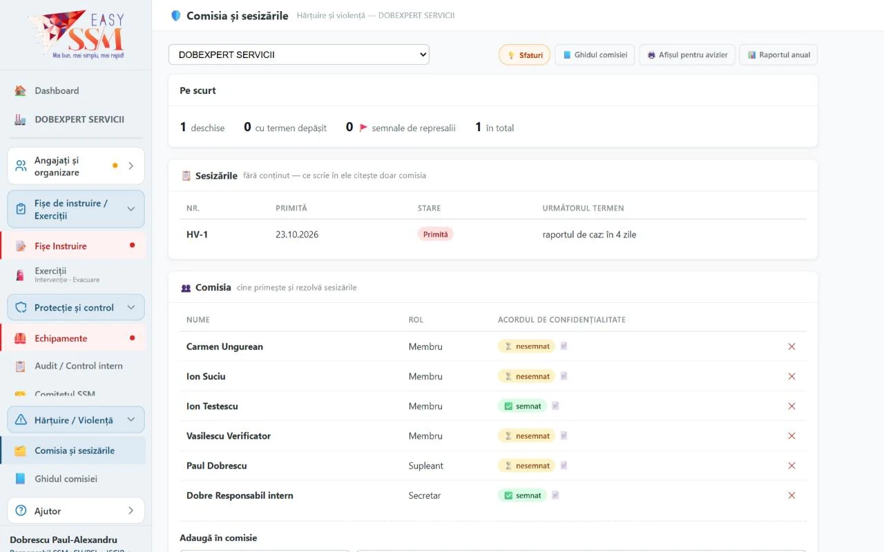 EasySSM – Hărțuire: Sesizările și comisia, cu termene calculate și acorduri de confidențialitate.