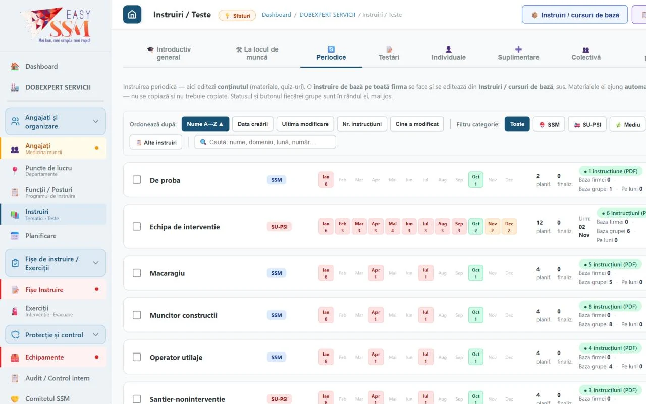 EasySSM – Instruiri online: Materiale, tematici și teste pe fiecare grupă, programate pe lunile anului.