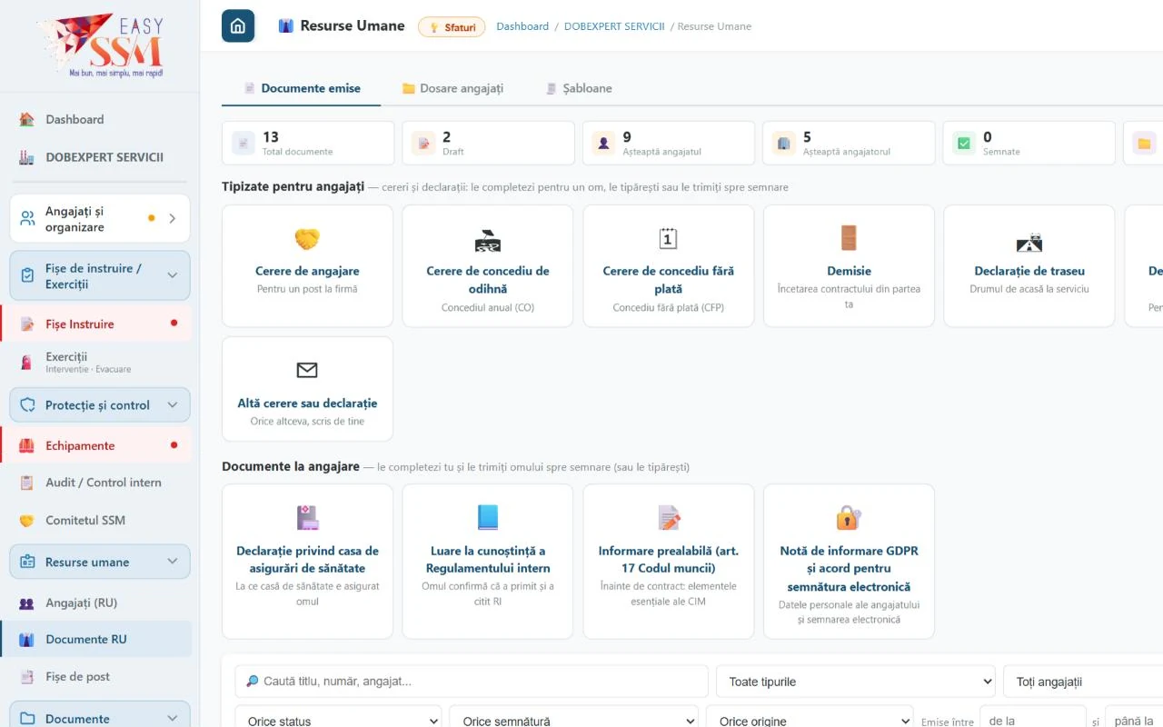 EasySSM – Resurse umane: Cereri, declarații și acte la angajare, completate și trimise spre semnare.