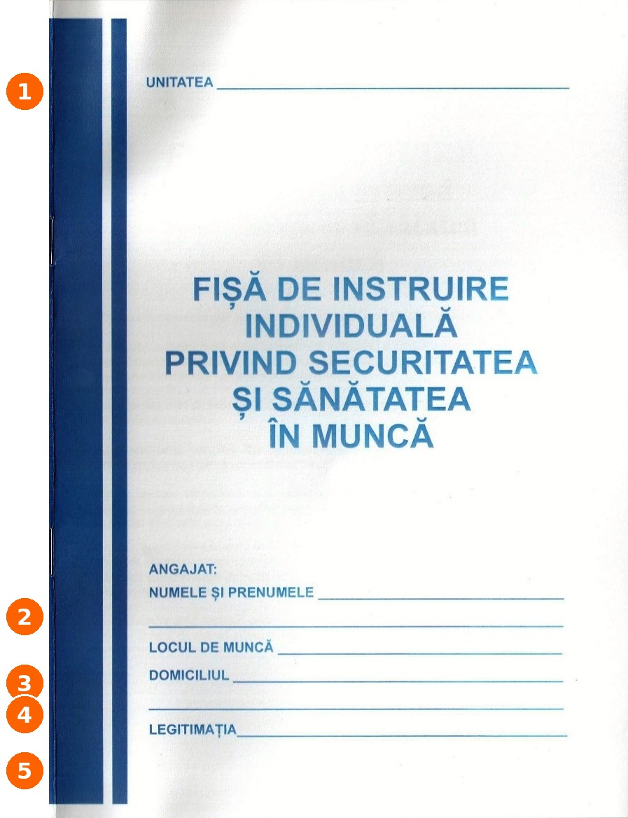 Coperta fișei SSM cu rubricile numerotate UNITATEA, NUMELE ȘI PRENUMELE, LOCUL DE MUNCĂ, DOMICILIUL, LEGITIMAȚIA