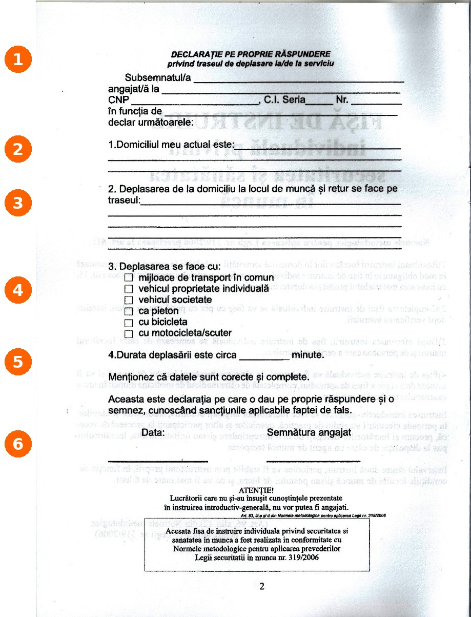 Declarația de traseu pe propria răspundere cu cele 6 puncte numerotate