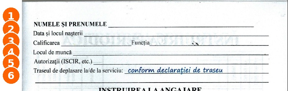 Datele angajatului pe prima pagină interioară a fișei SSM - 6 rubrici numerotate
