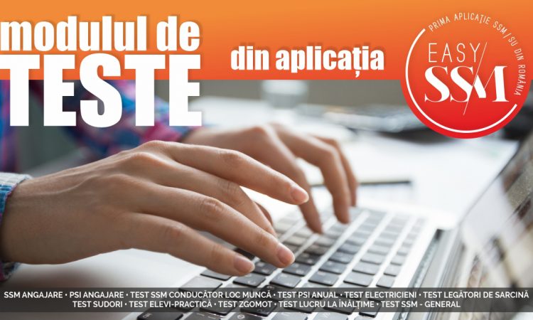 persoana care scrie la laptop, desupra banner de culoare portocaliu si test modulul de teste din aplicatie, jos banner din text alb